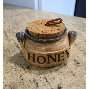 Studio Pottery Honey Keeper Jar. Cork Lid Leather. Brown Blue. Signed